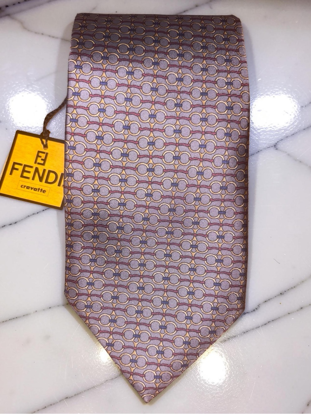 Authentic Fendi Men’s Grey and Gold Geometric Silk Tie
